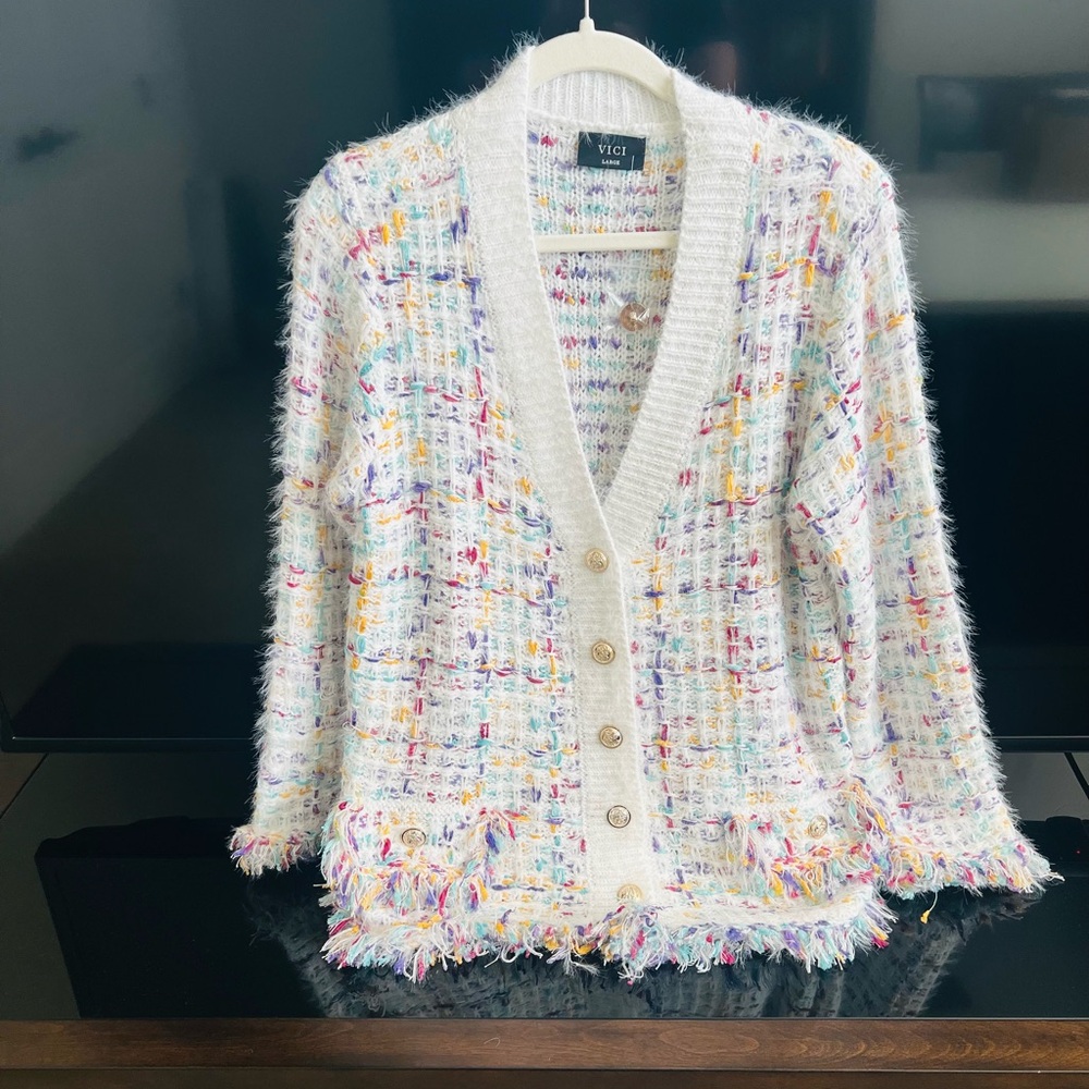 Vici White Tweed Multicolor Fleck Button-Front Cardigan Jacket